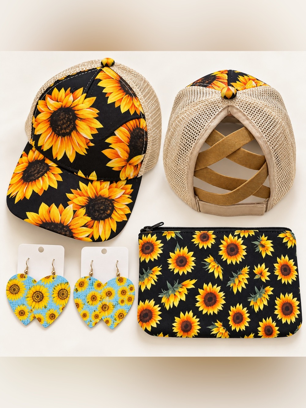New Sunflower Ponytail Hat, Pouch & 2 Earrings Bundle